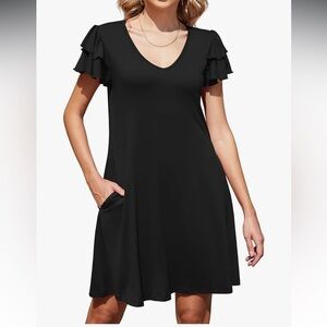 NIVYEE Casual A-Line Casual Dress, Flutter Sleeves, Pockets, Black, Size Medium